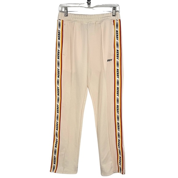 Nerdy Korean Style Cream Racerstripe Track Pants Elastic Drawstring Waistband, S - Picture 2 of 10